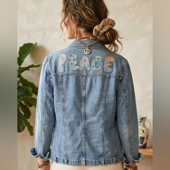 Upcyled Peace Applique Distressed Jean Jacket - Picture 3 of 15